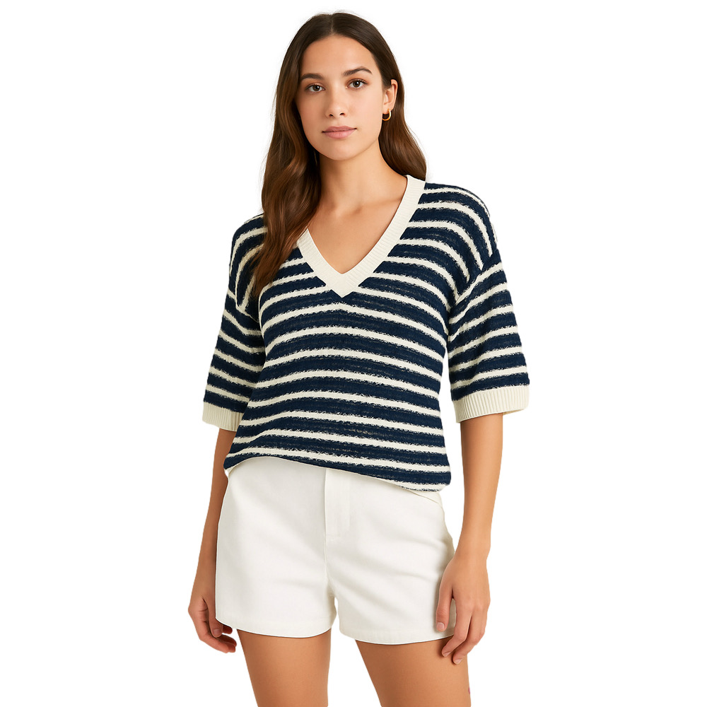 Olsen Navy & White Striped V-Neck Knit Cotton Linen V-Neck Sweater Medium